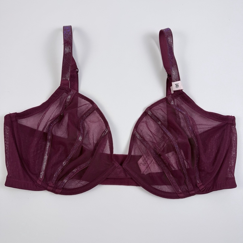 Victoria's Secret Very Sexy Mesh Shine Strap Demi Bra Burgundy Low Cut 36C NWT